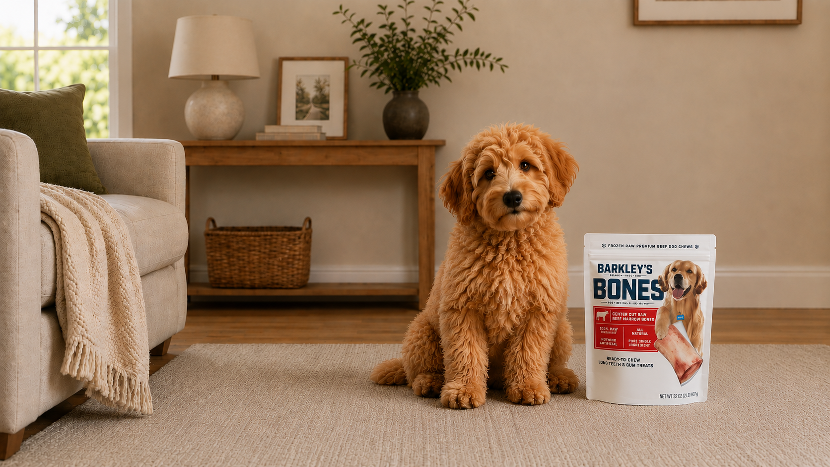 Golden retriever chewing a Barkley's marrow bone